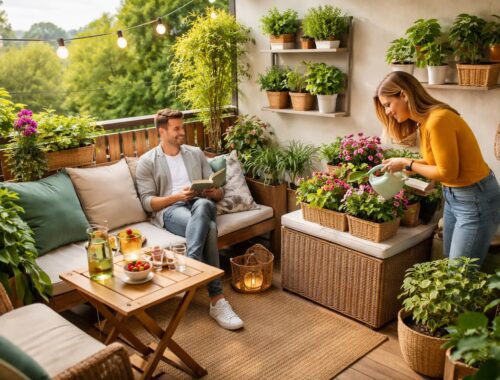 Kleiner, modern gestalteter Balkon mit klaren Zonen, Sitzbereich, Pflanzenwand und Stauraumbank, auf dem ein Paar entspannt – Beispiel für Balkonfläche nutzen im Alltag