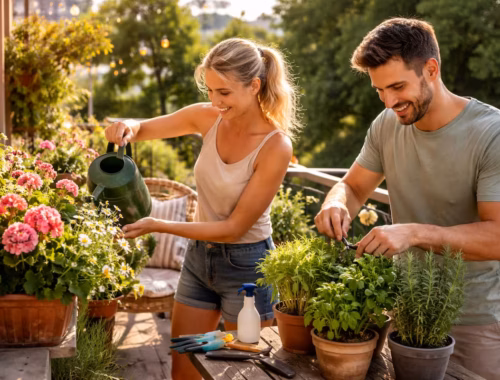 Zwei Personen pflegen Pflanzen auf einem sonnigen Balkon mit Gießkanne und Kräutertöpfen – Beispiel für eine strukturierte Balkonpflege Routine im Alltag