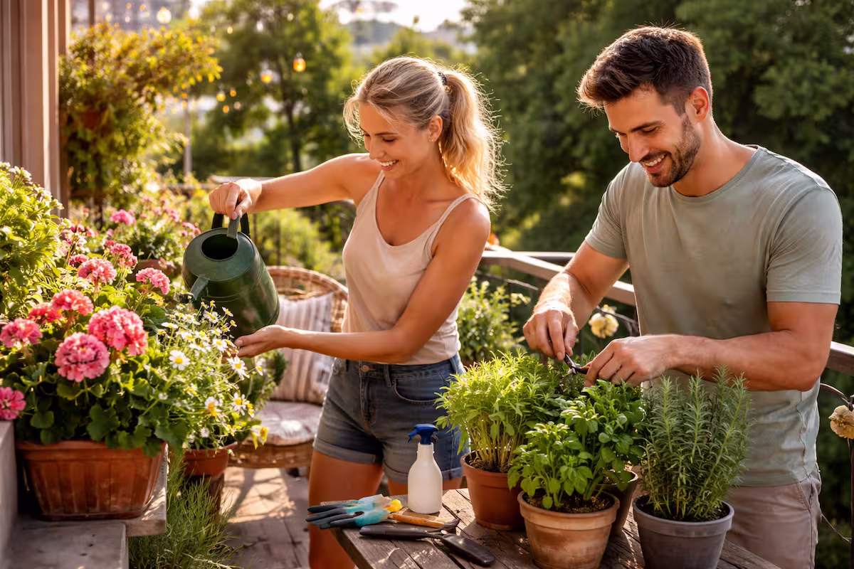 Zwei Personen pflegen Pflanzen auf einem sonnigen Balkon mit Gießkanne und Kräutertöpfen – Beispiel für eine strukturierte Balkonpflege Routine im Alltag