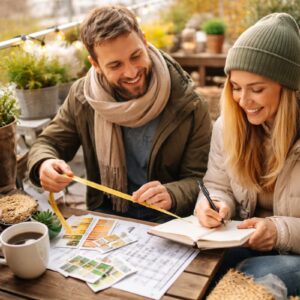 Balkonplanung Winter: Zwei Personen planen am Balkon mit Maßband und Notizbuch, um Pflanzen und Möbel für den Frühling vorzubereiten.