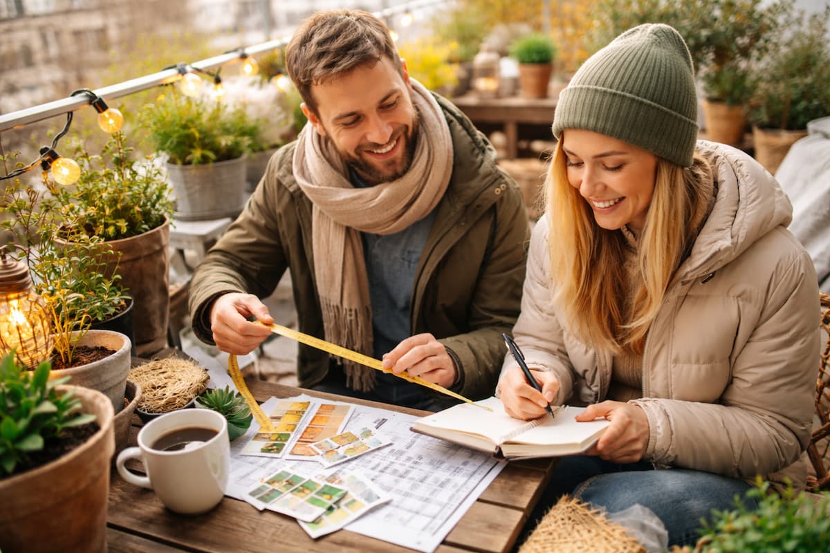 Balkonplanung Winter: Zwei Personen planen am Balkon mit Maßband und Notizbuch, um Pflanzen und Möbel für den Frühling vorzubereiten.