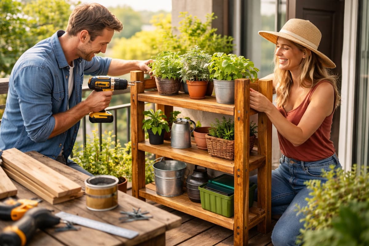Balkonregal selber bauen: Zwei Personen montieren ein Holzregal auf einem sonnigen Balkon und dekorieren es mit Kräutertöpfen und Gartenzubehör.