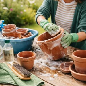 Blumentöpfe reinigen: Person schrubbt Terrakotta-Töpfe mit Schwamm in Seifenwasser, daneben Bürste und Wanne auf Holztisch im Garten.