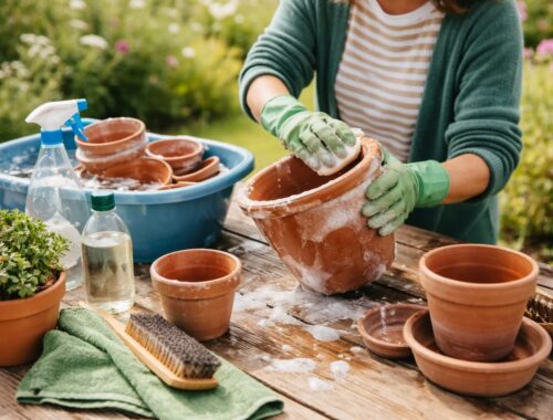 Blumentöpfe reinigen: Person schrubbt Terrakotta-Töpfe mit Schwamm in Seifenwasser, daneben Bürste und Wanne auf Holztisch im Garten.