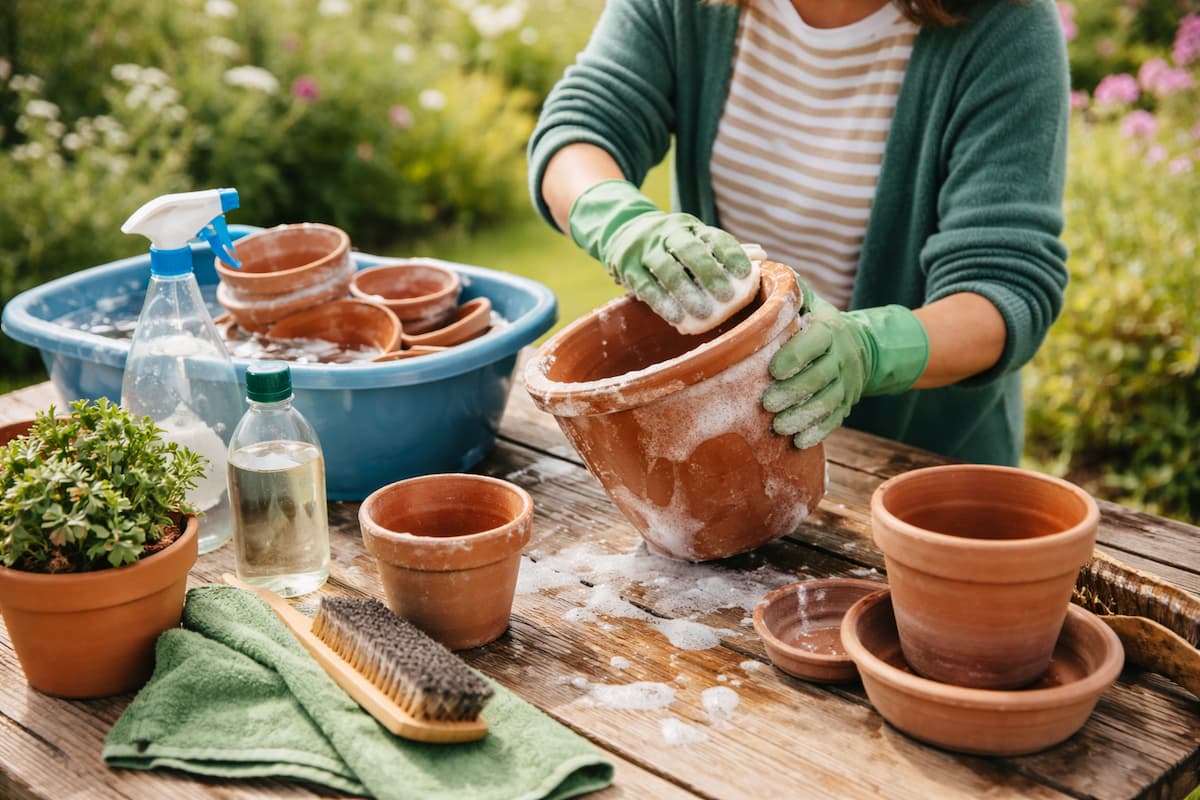 Blumentöpfe reinigen: Person schrubbt Terrakotta-Töpfe mit Schwamm in Seifenwasser, daneben Bürste und Wanne auf Holztisch im Garten.
