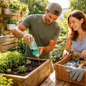 DIY Balkon Hacks: Zwei Personen bewässern Balkonpflanzen mit PET-Flasche und sortieren Gartenzubehör in einer Aufbewahrungsbox auf einem sonnigen Balkon.