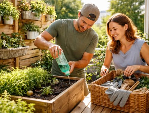 DIY Balkon Hacks: Warum wird dein Balkon nie wirklich alltagstauglich? 35 DIY Balkon Hacks: Zwei Personen bewässern Balkonpflanzen mit PET-Flasche und sortieren Gartenzubehör in einer Aufbewahrungsbox auf einem sonnigen Balkon.
