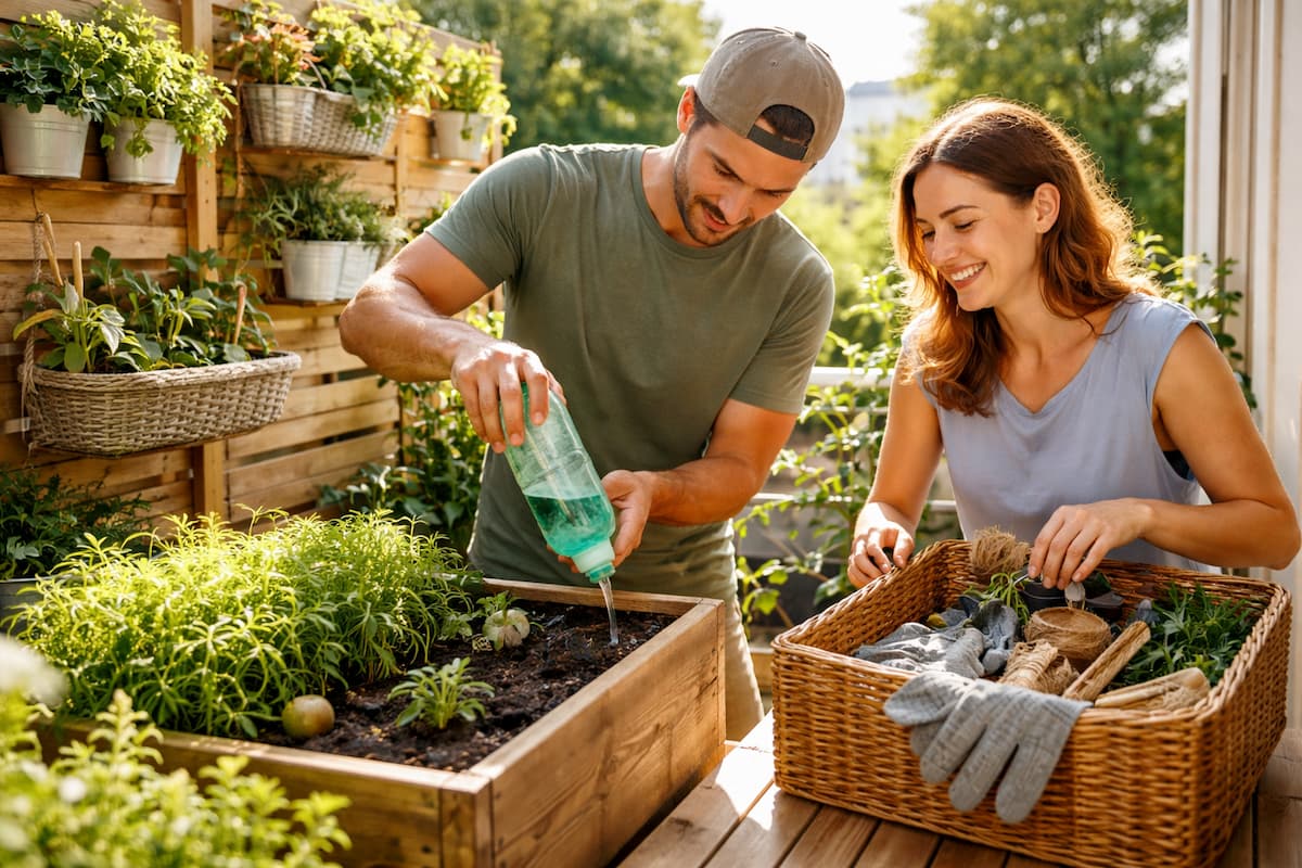 DIY Balkon Hacks: Zwei Personen bewässern Balkonpflanzen mit PET-Flasche und sortieren Gartenzubehör in einer Aufbewahrungsbox auf einem sonnigen Balkon.