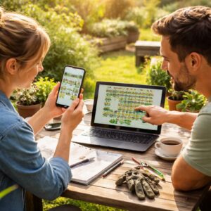 Digitale Gartenplanung auf dem Balkon: Paar plant Pflanzideen mit Smartphone und Laptop zwischen Blumentöpfen bei warmem Tageslicht.