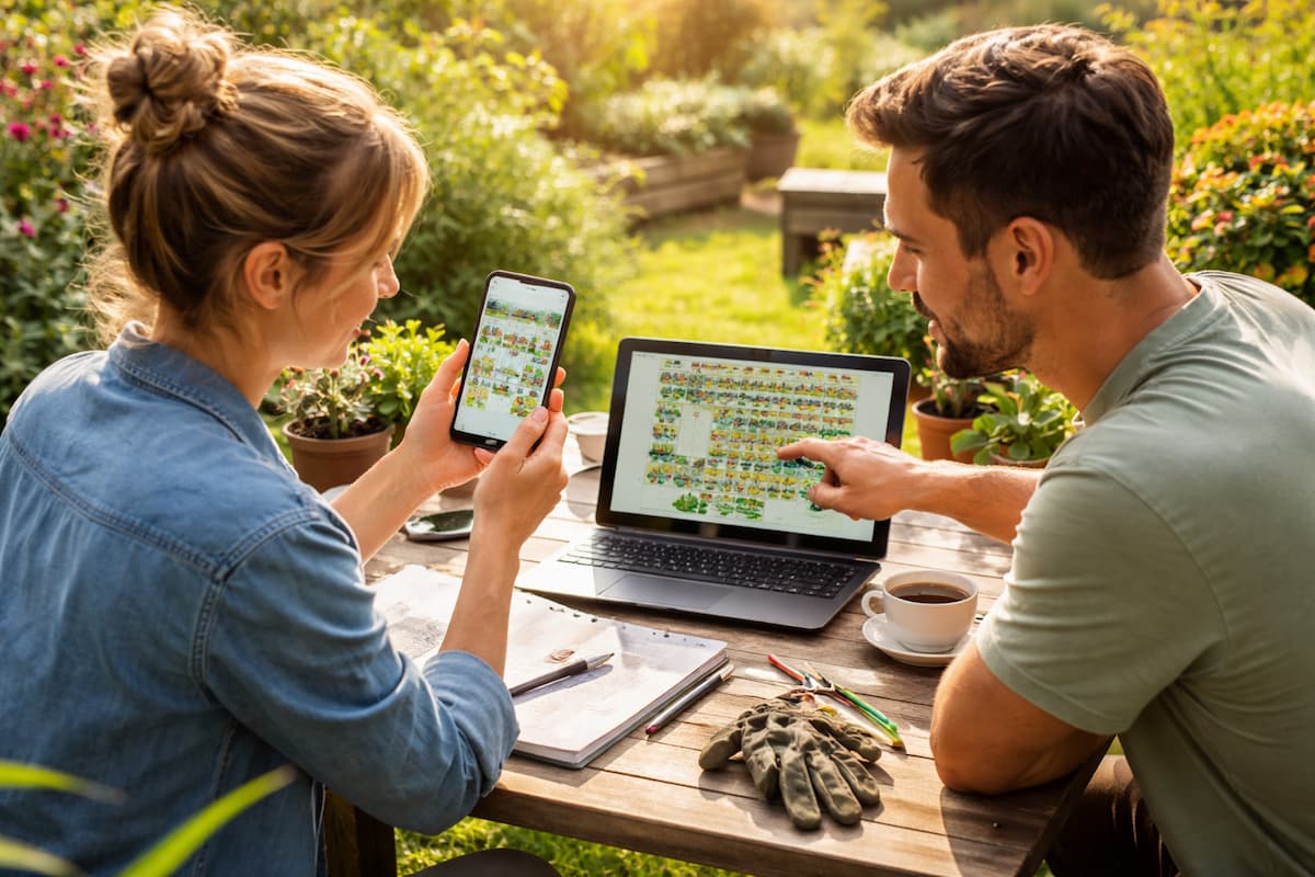 Digitale Gartenplanung auf dem Balkon: Paar plant Pflanzideen mit Smartphone und Laptop zwischen Blumentöpfen bei warmem Tageslicht.