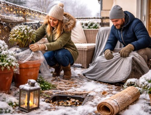 Welche Fehler im Winter ruinieren deinen Balkon (und wie stoppst du sie)? 10 Winterlicher Balkon: Paar macht Balkon winterfest, schützt Pflanzen und deckt Möbel ab – typische Fehler im Winter vermeiden.