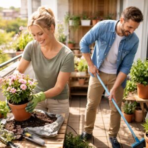 Frühjahrsputz planen: Paar macht den Balkon in 90 Minuten startklar – Pflanzen umtopfen, Erde vorbereiten und Balkonboden fegen.