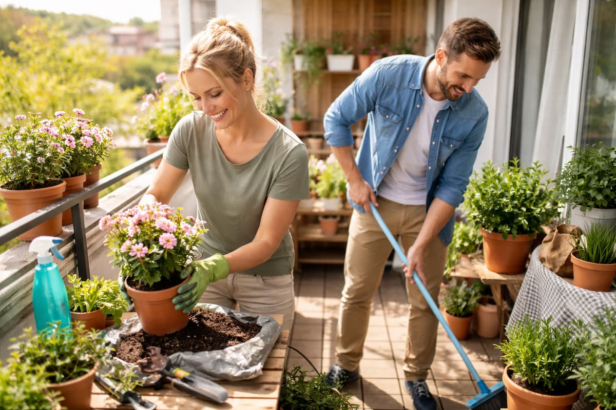 Frühjahrsputz planen: Paar macht den Balkon in 90 Minuten startklar – Pflanzen umtopfen, Erde vorbereiten und Balkonboden fegen.