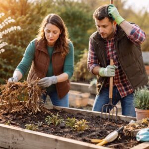 Hochbeet vorbereiten: Zwei Personen entfernen alte Pflanzenreste aus einem Hochbeet im Garten, daneben stehen Gartengeräte und ein Kräutertopf.