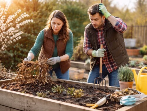 Hochbeet vorbereiten: Zwei Personen entfernen alte Pflanzenreste aus einem Hochbeet im Garten, daneben stehen Gartengeräte und ein Kräutertopf.