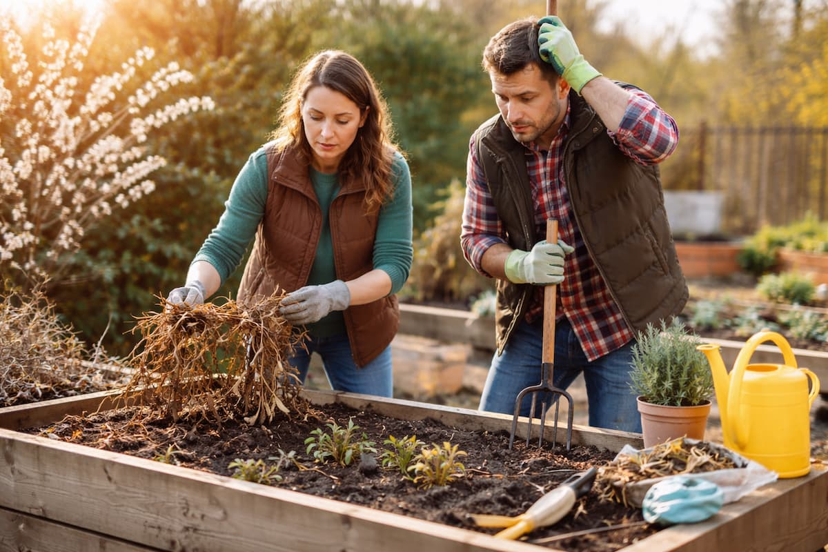 Hochbeet vorbereiten: Zwei Personen entfernen alte Pflanzenreste aus einem Hochbeet im Garten, daneben stehen Gartengeräte und ein Kräutertopf.