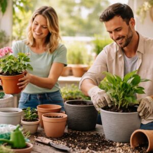 Pflanzgefäße auswählen: Zwei Personen topfen Pflanzen in unterschiedliche Blumentöpfe auf einem Balkon um, um passende Topfgrößen zu wählen.