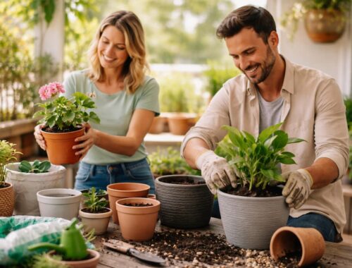 Pflanzgefäße auswählen: Zwei Personen topfen Pflanzen in unterschiedliche Blumentöpfe auf einem Balkon um, um passende Topfgrößen zu wählen.