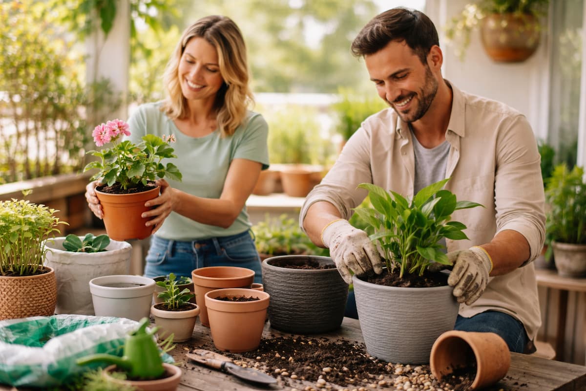 Pflanzgefäße auswählen: Zwei Personen topfen Pflanzen in unterschiedliche Blumentöpfe auf einem Balkon um, um passende Topfgrößen zu wählen.