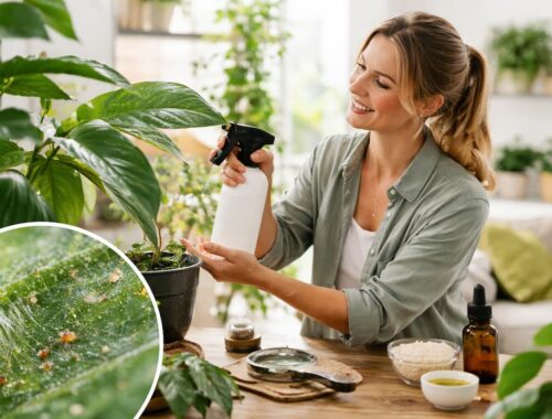 Frau pflegt Zimmerpflanze und Spinnmilben bekämpfen durch schonendes Besprühen der Blattunterseiten in heller Wohnumgebung