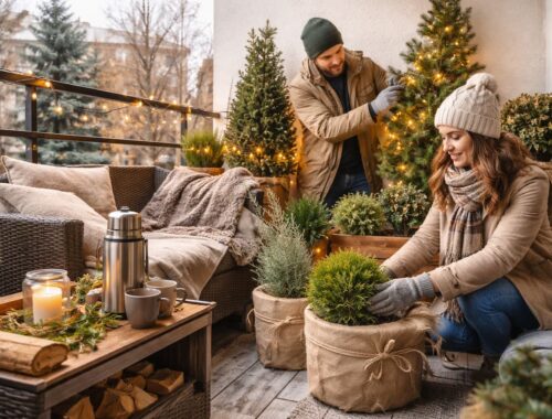 Winter-DIY auf dem Balkon: Zwei Personen bringen Lichterkette an und schützen Kübelpflanzen mit Jute, gemütliche Sitzecke im Hintergrund.