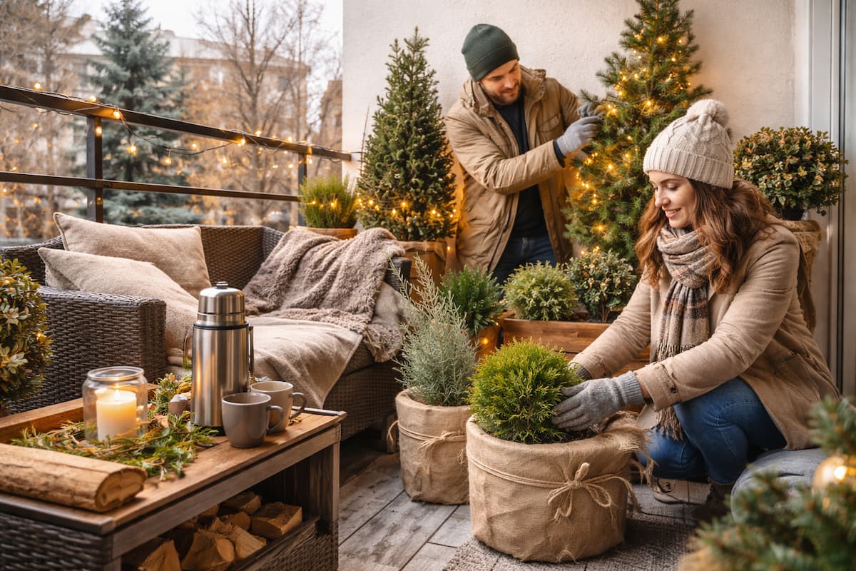 Winter-DIY auf dem Balkon: Zwei Personen bringen Lichterkette an und schützen Kübelpflanzen mit Jute, gemütliche Sitzecke im Hintergrund.