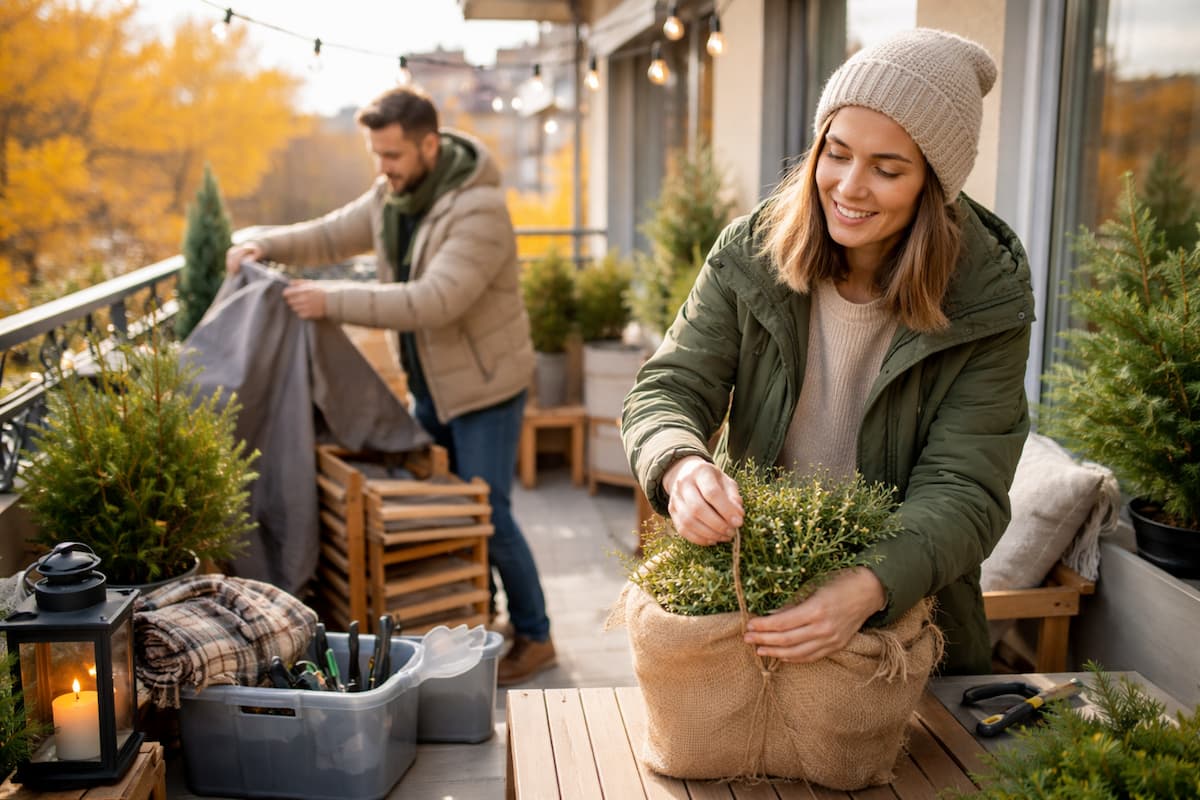 Winter Reset auf dem Balkon: Ein Paar schützt Pflanzen und Möbel und schafft Ordnung für die kalte Jahreszeit auf einem herbstlichen Balkon.