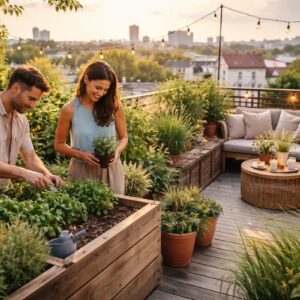 Ästhetische Dachterrasse mit Urban Gardening: bepflanzte Hochbeete, Kräuter und Sitzbereich auf einer grünen Dachterrasse über der Stadt bei warmem Abendlicht