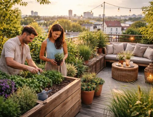 Ästhetische Dachterrasse mit Urban Gardening: bepflanzte Hochbeete, Kräuter und Sitzbereich auf einer grünen Dachterrasse über der Stadt bei warmem Abendlicht