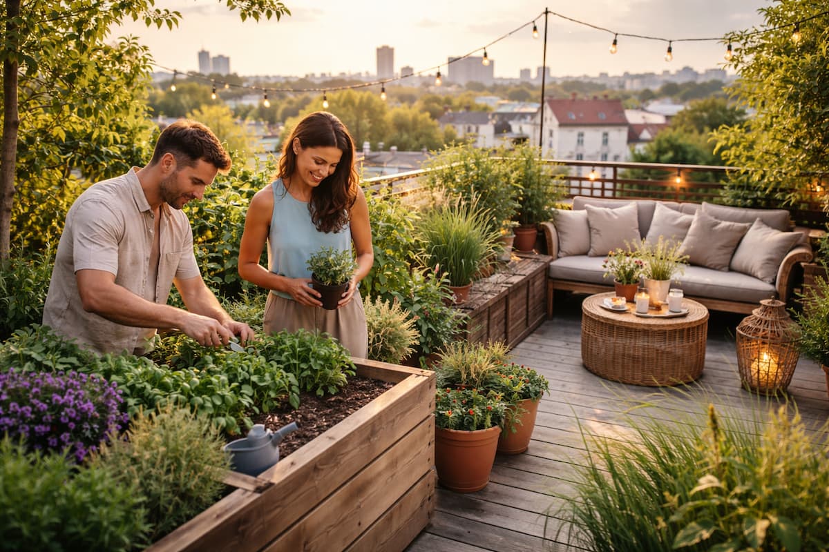Ästhetische Dachterrasse mit Urban Gardening: bepflanzte Hochbeete, Kräuter und Sitzbereich auf einer grünen Dachterrasse über der Stadt bei warmem Abendlicht