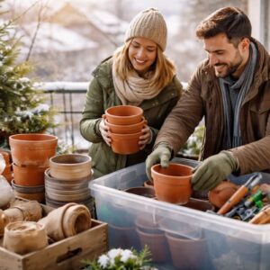 Winterfester Balkon mit gestapelten Terrakotta-Töpfen und Zubehör, die auf einem verschneiten Balkon trocken und ordentlich für den Winter gelagert werden