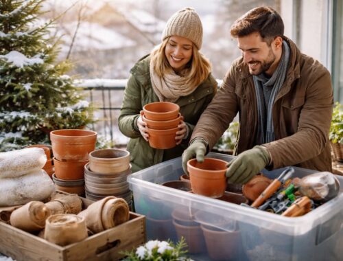 Winterfester Balkon mit gestapelten Terrakotta-Töpfen und Zubehör, die auf einem verschneiten Balkon trocken und ordentlich für den Winter gelagert werden