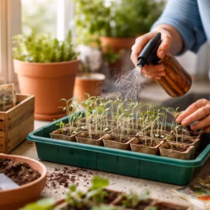 Aussaat Fensterbank mit jungen Keimlingen in Anzuchttöpfen auf einer hellen Fensterbank, während sie vorsichtig besprüht werden, um stabiles Wachstum zu fördern