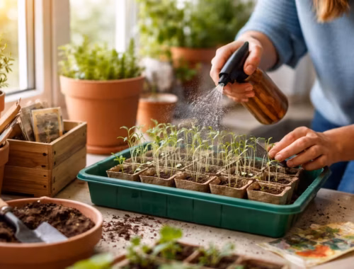 Aussaat Fensterbank: Wenn Keimlinge instabil wachsen, liegt es daran 2 Aussaat Fensterbank mit jungen Keimlingen in Anzuchttöpfen auf einer hellen Fensterbank, während sie vorsichtig besprüht werden, um stabiles Wachstum zu fördern
