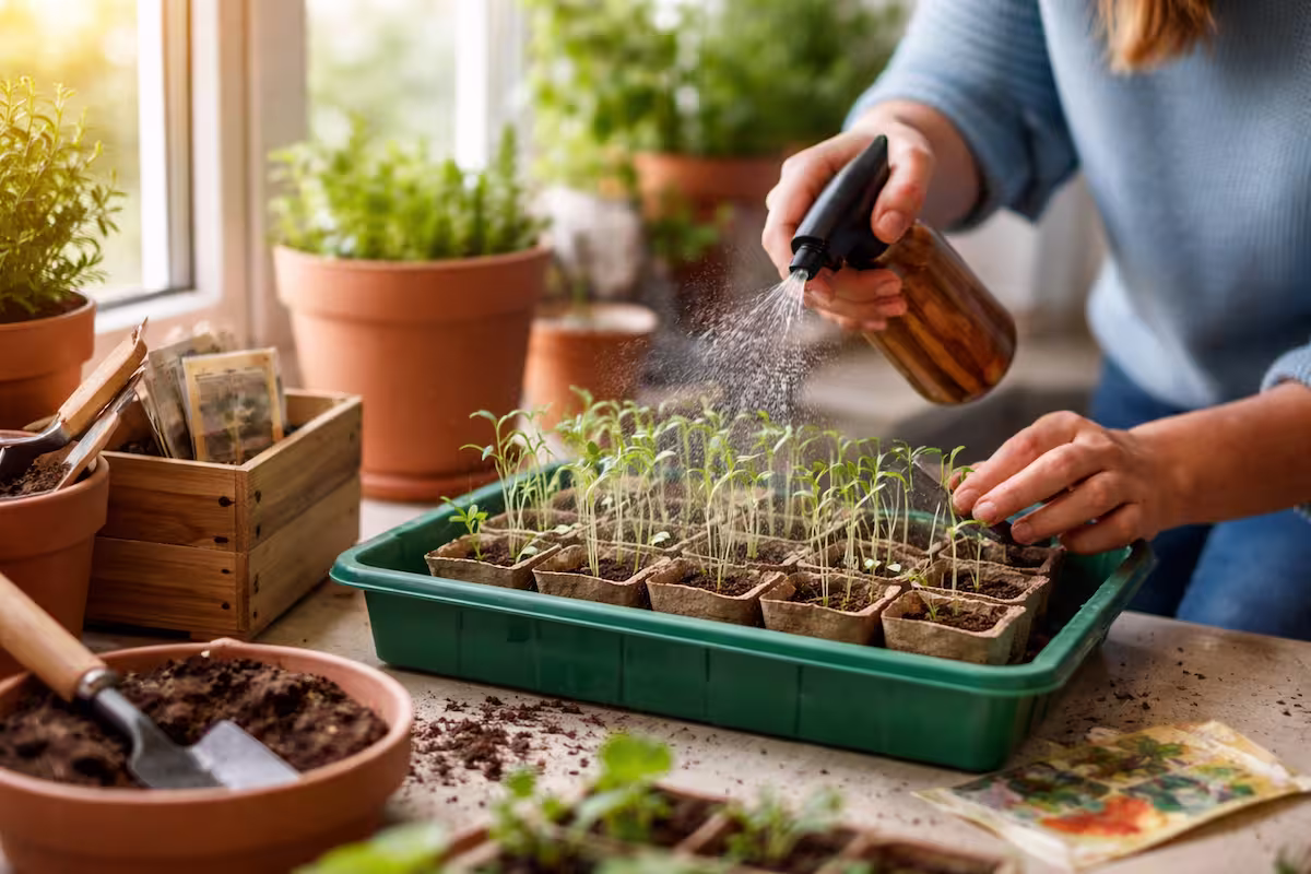 Aussaat Fensterbank mit jungen Keimlingen in Anzuchttöpfen auf einer hellen Fensterbank, während sie vorsichtig besprüht werden, um stabiles Wachstum zu fördern