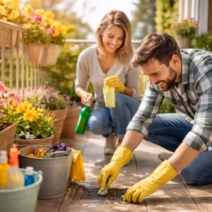 Paar reinigt im Frühling den Balkon und prüft den Ablauf beim Balkon Frühjahrscheck zwischen Blumentöpfen und Reinigungsutensilien bei Sonnenschein