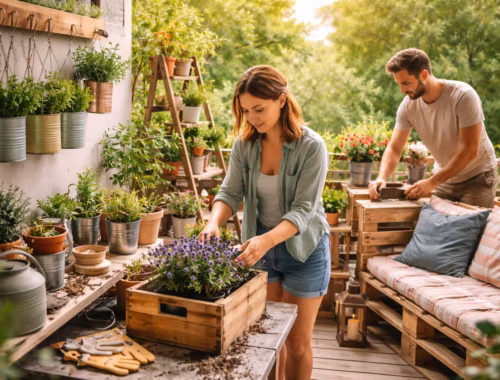 Wie gelingt Balkon Upcycling mit 7 einfachen Projekten? 40 Balkon Upcycling im Frühling: Paar bepflanzt eine alte Holzkiste und baut eine Palettenbank auf einem sonnigen Balkon mit Kräuterdosen und Leiterregal