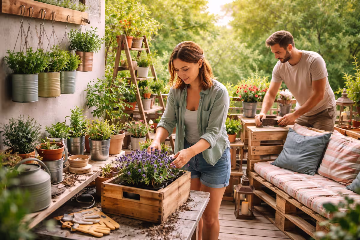 Balkon Upcycling im Frühling: Paar bepflanzt eine alte Holzkiste und baut eine Palettenbank auf einem sonnigen Balkon mit Kräuterdosen und Leiterregal