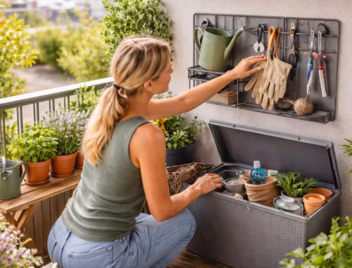 Wie lässt sich Balkon Zubehör verstauen, ohne ständig suchen zu müssen? 38 Person verstaut Gartenwerkzeuge und Handschuhe griffbereit an einer Wandhalterung auf einem kleinen Balkon – Balkon Zubehör verstauen übersichtlich organisiert