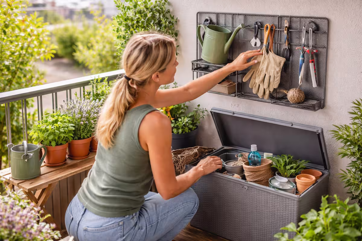 Person verstaut Gartenwerkzeuge und Handschuhe griffbereit an einer Wandhalterung auf einem kleinen Balkon – Balkon Zubehör verstauen übersichtlich organisiert