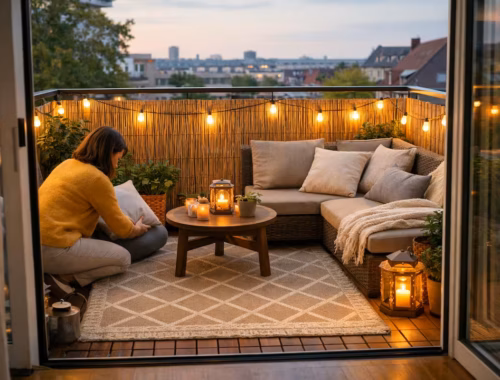 Moderner Stadtbalkon nach schnellem Refresh mit Outdoor-Teppich, Sichtschutz, kleiner Sitzecke, Pflanzen und warmer Beleuchtung – mehr Platz für Töpfe mit einem Pflanzenregal Balkon