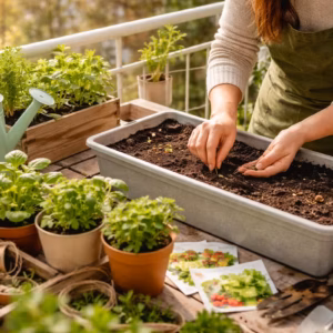 Person sät Samen in einen Balkonkasten mit frischer Erde und jungen Kräutern auf einem sonnigen Balkon im Frühling – Bepflanzung im März