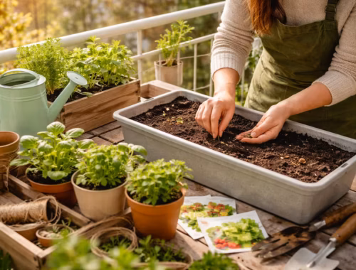 Person sät Samen in einen Balkonkasten mit frischer Erde und jungen Kräutern auf einem sonnigen Balkon im Frühling – Bepflanzung im März