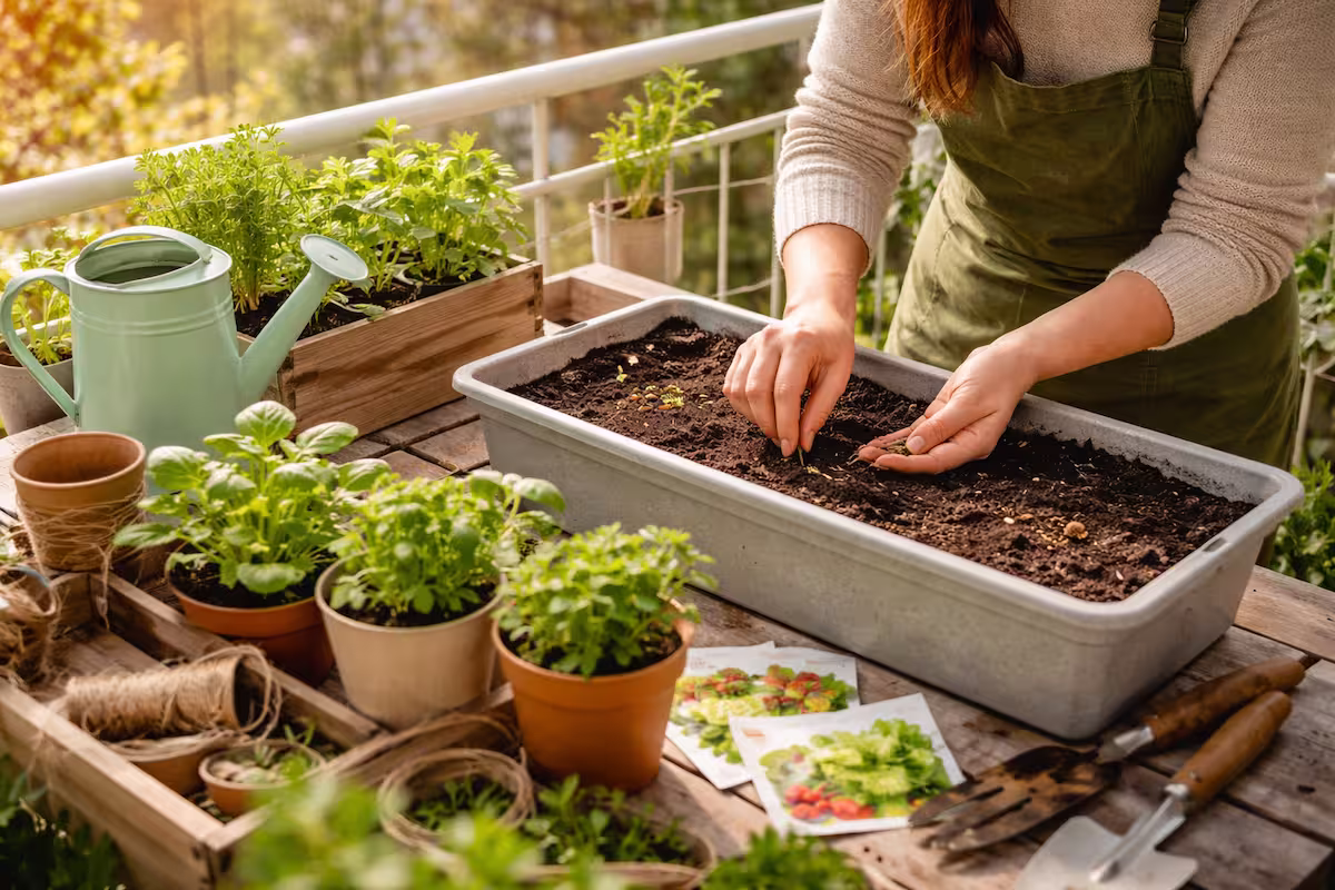 Person sät Samen in einen Balkonkasten mit frischer Erde und jungen Kräutern auf einem sonnigen Balkon im Frühling – Bepflanzung im März