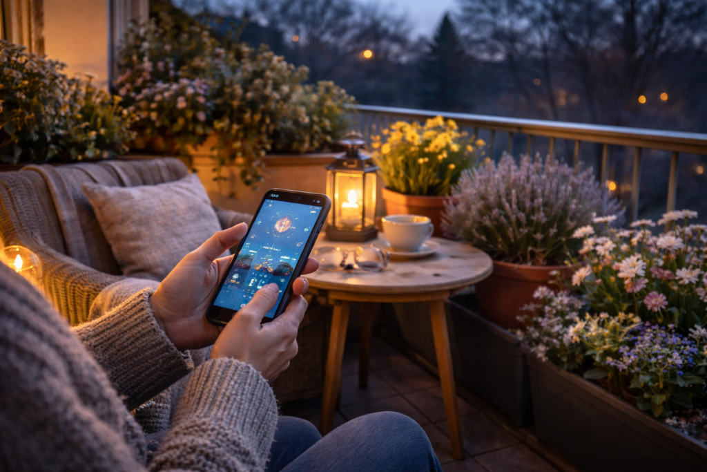 Person prüft abends mit Smartphone die Wetter-App auf dem Balkon
