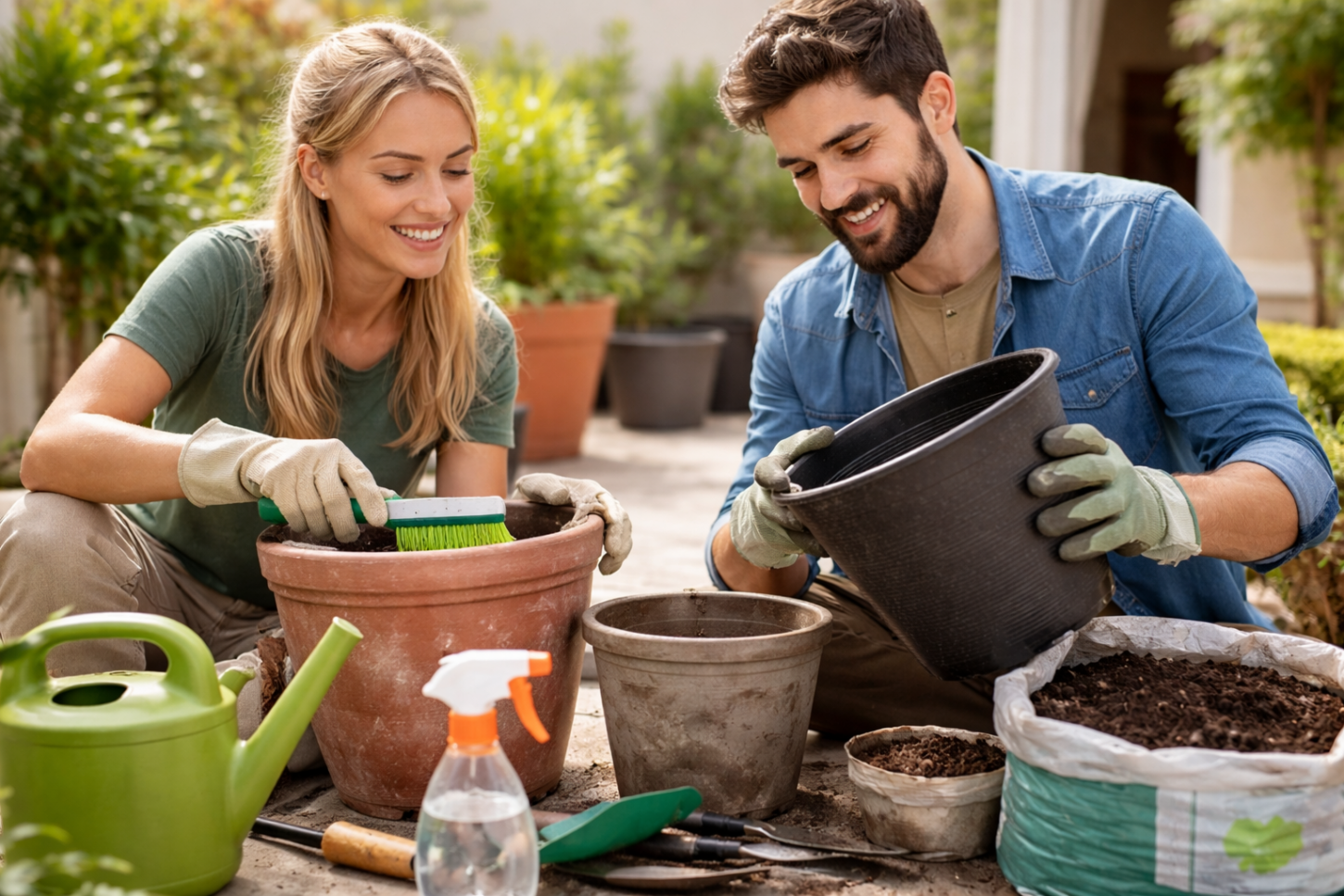 Pflanzkübel reinigen auf der Terrasse: Ein Paar säubert Terrakotta- und Kunststofftöpfe mit Bürste und Handschuhen im sonnigen Garten vor der Bepflanzung.