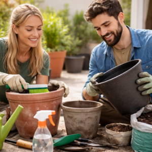 Pflanzkübel reinigen auf der Terrasse: Ein Paar säubert Terrakotta- und Kunststofftöpfe mit Bürste und Handschuhen im sonnigen Garten vor der Bepflanzung.