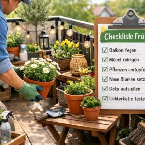 Person räumt einen Balkon im Frühling auf, stellt Pflanzen bereit und macht den Außenbereich mit einer Checkliste Frühling in kurzer Zeit startklar.