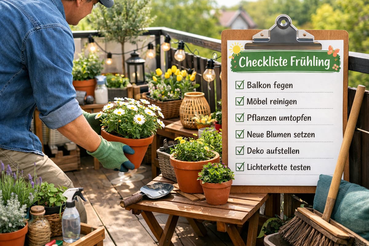 Person räumt einen Balkon im Frühling auf, stellt Pflanzen bereit und macht den Außenbereich mit einer Checkliste Frühling in kurzer Zeit startklar.