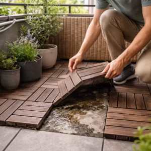Person hebt Holz-Klickfliesen auf einem Stadtbalkon an und zeigt Feuchtigkeit darunter – typisches Beispiel für DIY Balkon Fehler